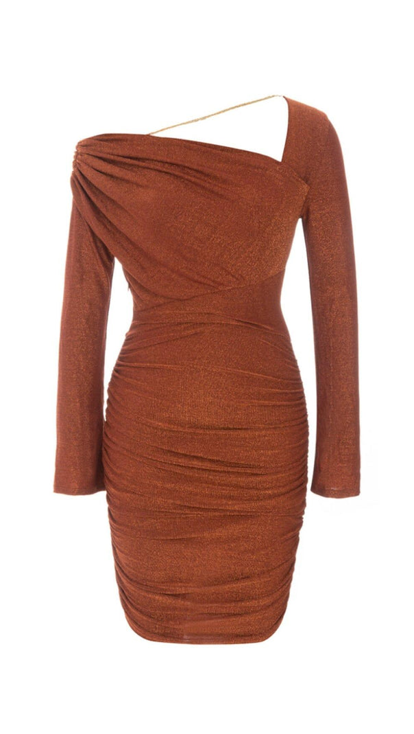 AIIZIE GLIT PLEATED OBLIQUE SHOULDER DRESS IN BROWN - product image