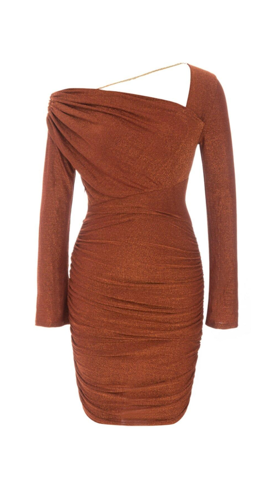 GLIT PLEATED OBLIQUE SHOULDER DRESS IN BROWN
