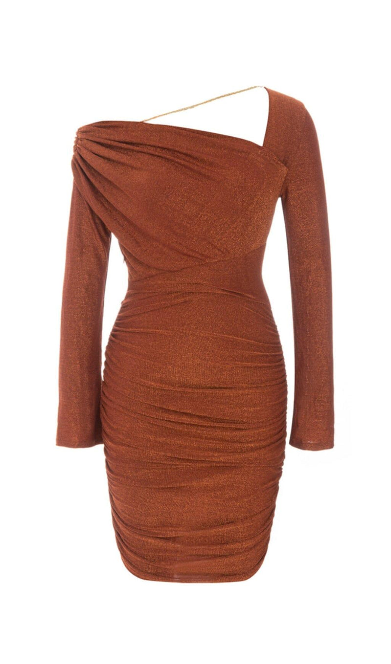 GLIT PLEATED OBLIQUE SHOULDER DRESS IN BROWN