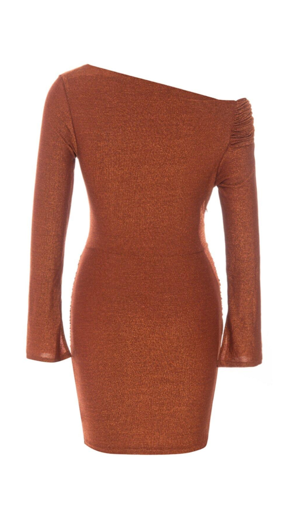 GLIT PLEATED OBLIQUE SHOULDER DRESS IN BROWN