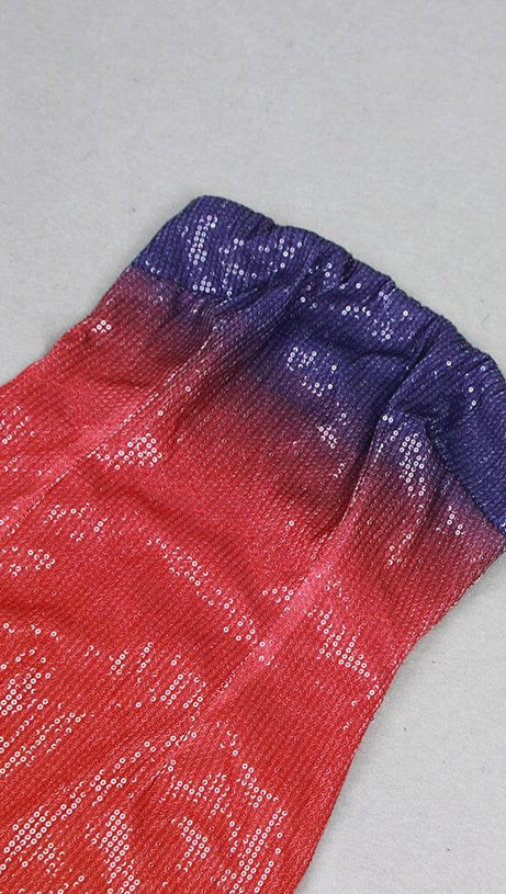 OFF-SHOULDER SUNSET SEQUIN MIDI DRESS