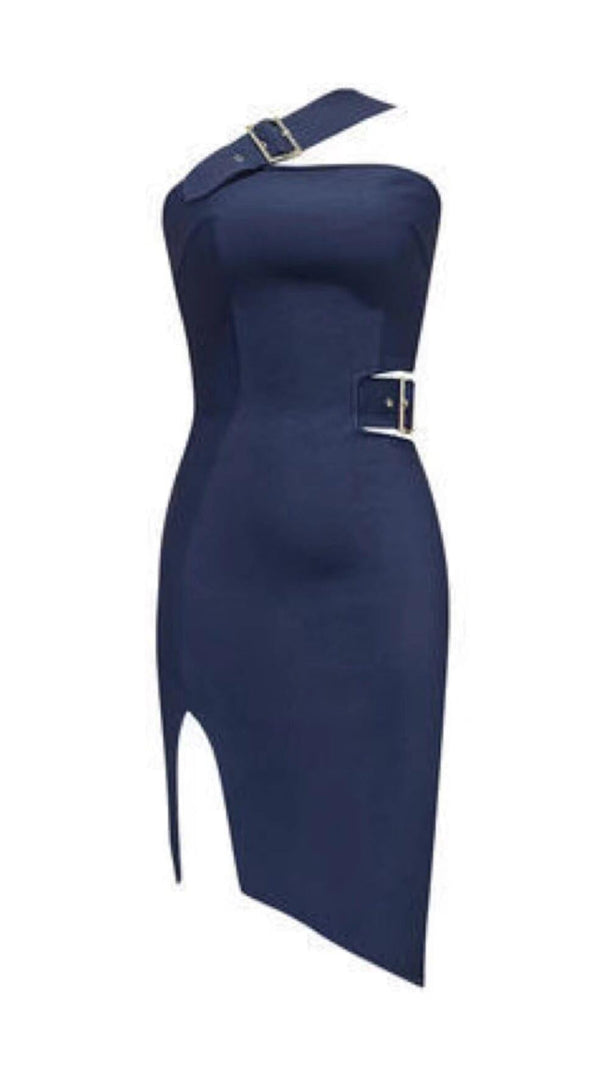 AIIZIE ONE-SHOULDER DRESS WITH DRILL BUCKLE SPLIT IN NAVY BLUE - product image