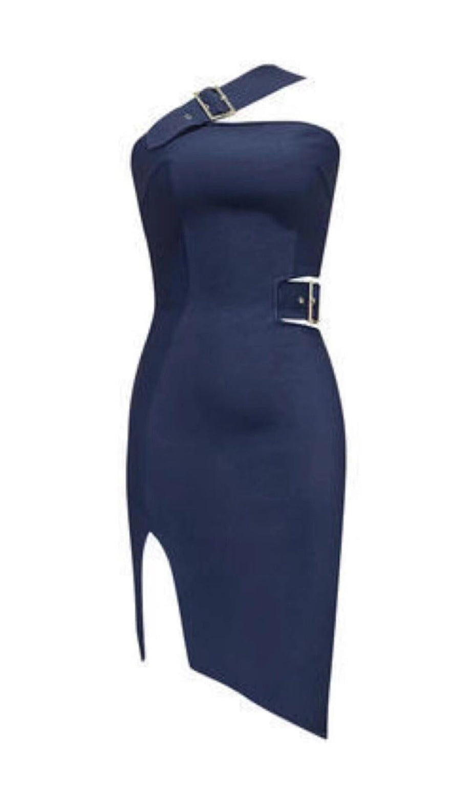 ONE-SHOULDER-KLEID MIT BOHRSCHNALLE UND SCHLITT IN MARINEBLAU