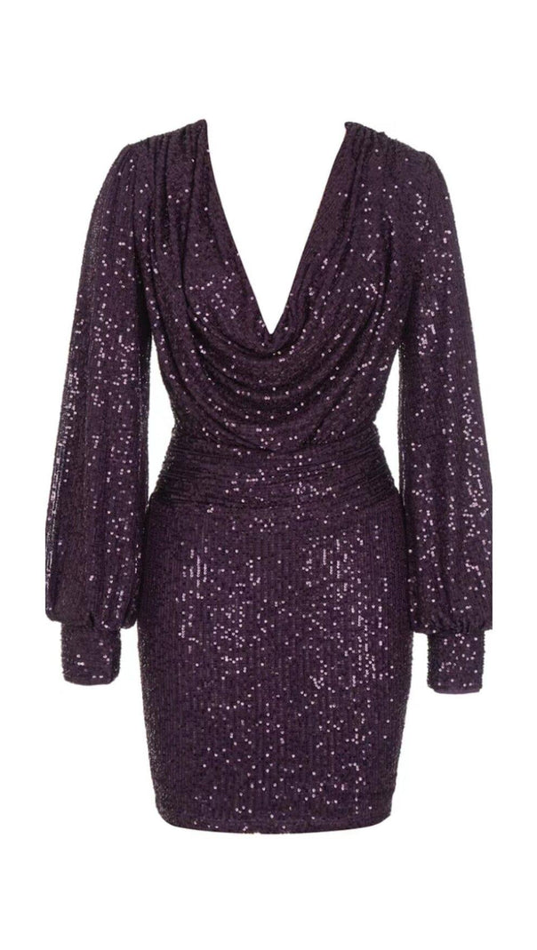 AIIZIE GLITTER PLEATS BIG V-NECK WRAP HIP DRESS IN PURPLE - product image