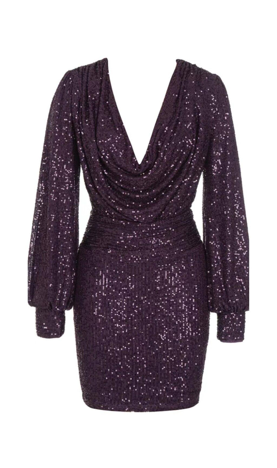 Glitzerndes Wickelkleid mit großem V-Ausschnitt und Falten in Lila