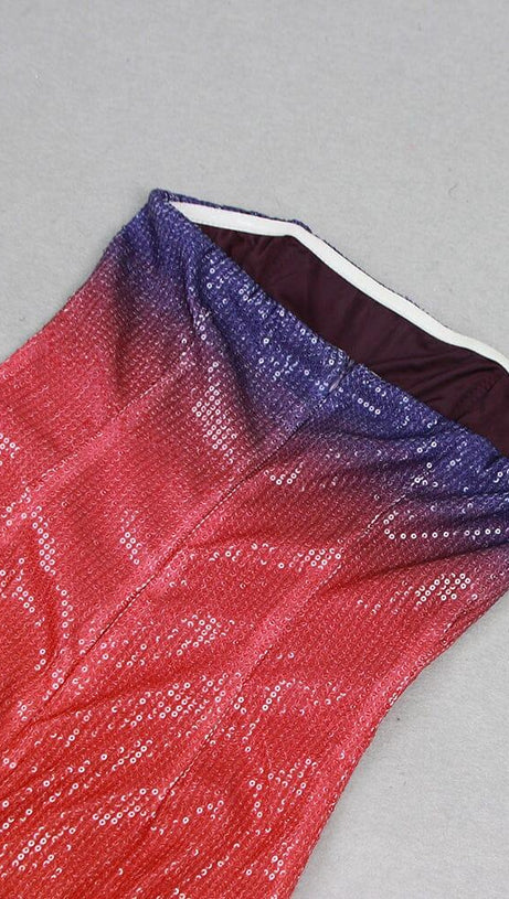 OFF-SHOULDER SUNSET SEQUIN MIDI DRESS