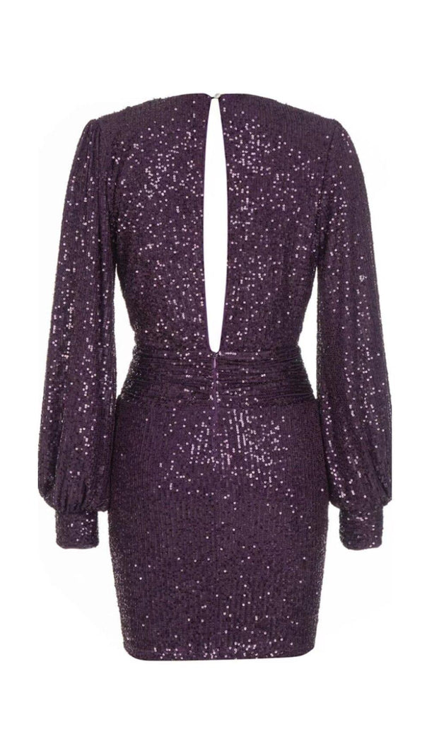 AIIZIE GLITTER PLEATS BIG V-NECK WRAP HIP DRESS IN PURPLE - product image