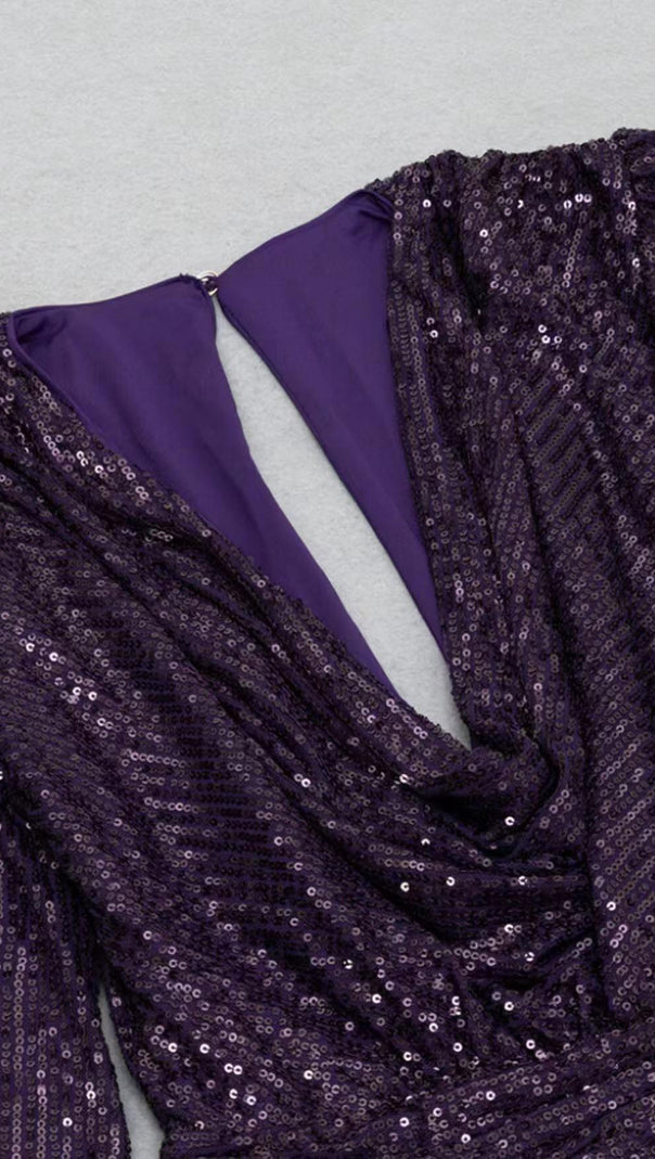 AIIZIE GLITTER PLEATS BIG V-NECK WRAP HIP DRESS IN PURPLE - product image