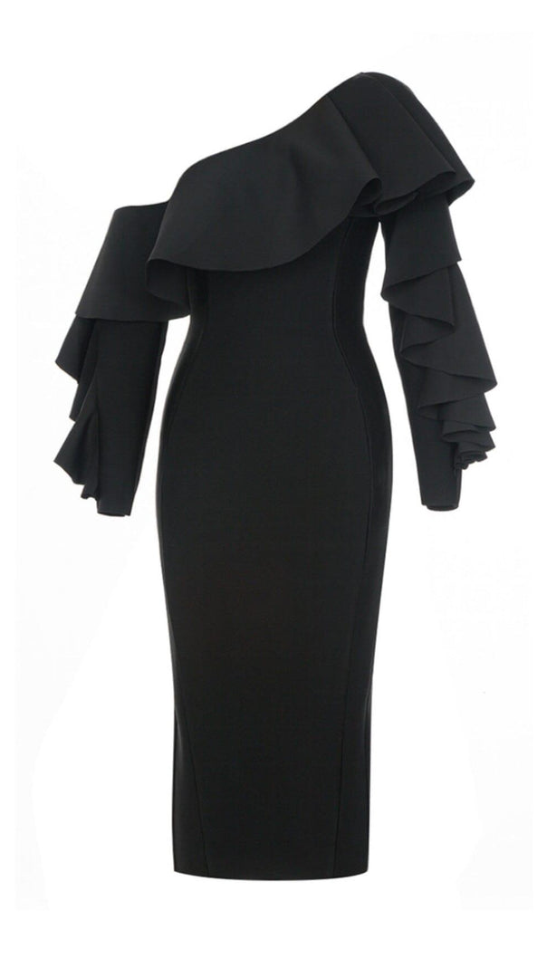 AIIZIE OFF SHOULDER RUFFLE NECK SPLIT DRESS IN BLACK - product image