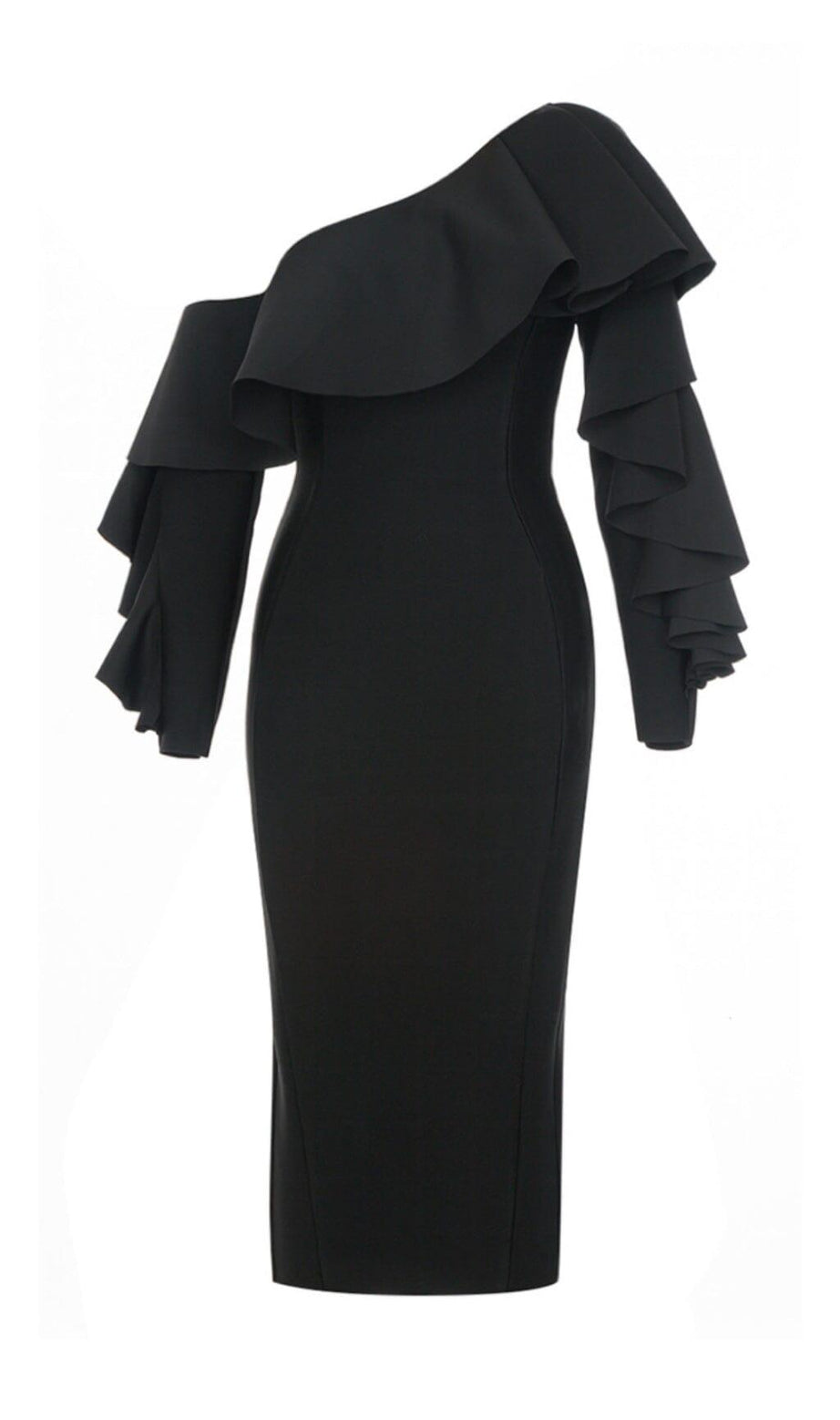 SCHULTERFREIES KLEID MIT RÜSCHENAUSSCHNITT UND GESPLITTETEM KRAGEN IN SCHWARZ
