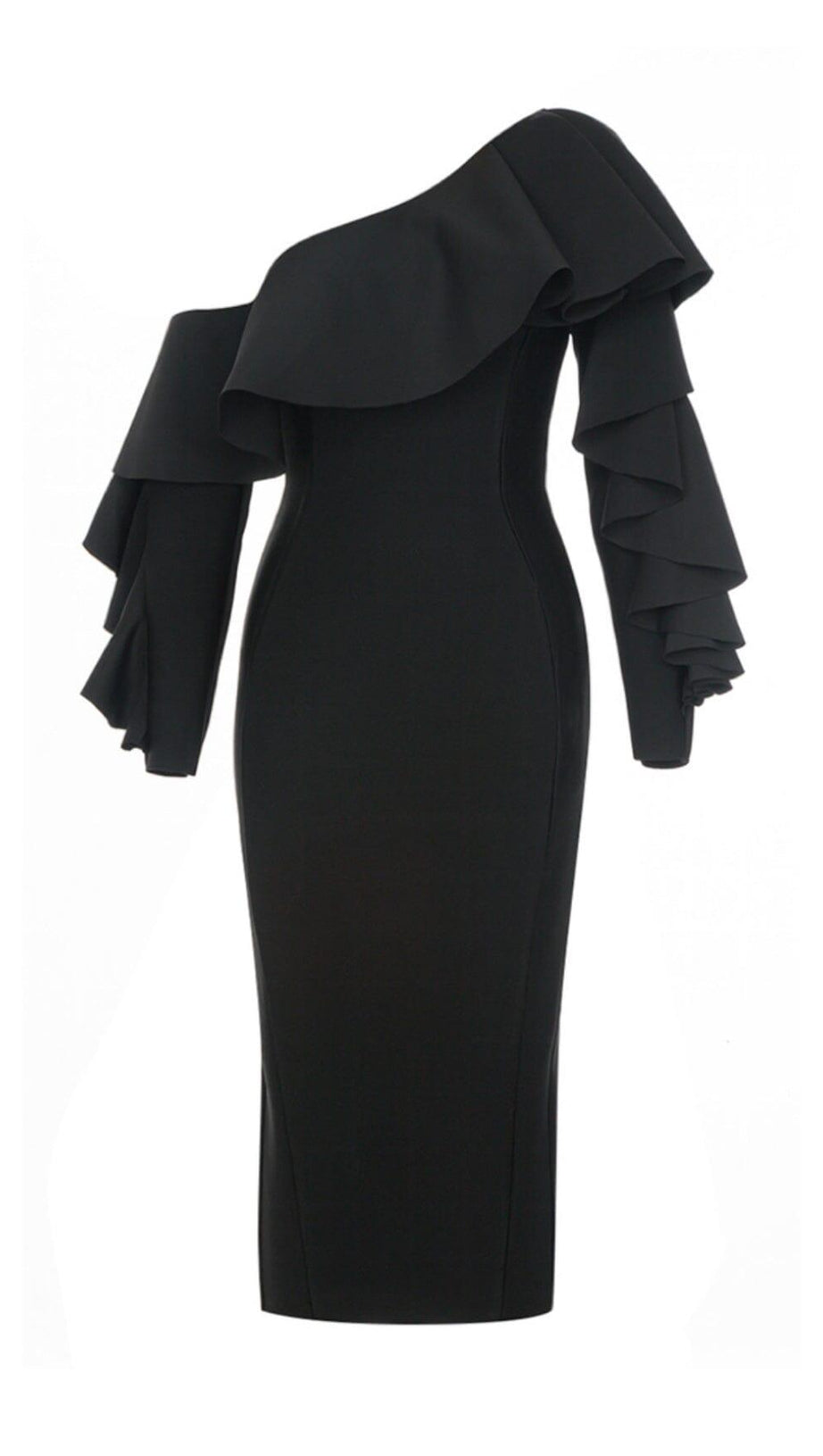 OFF SHOULDER RUFFLE NECK SPLIT DRESS IN BLACK