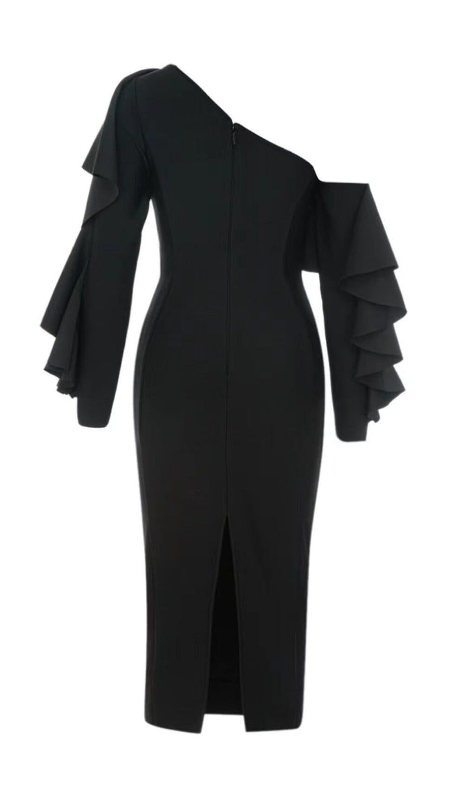 OFF SHOULDER RUFFLE NECK SPLIT DRESS IN BLACK