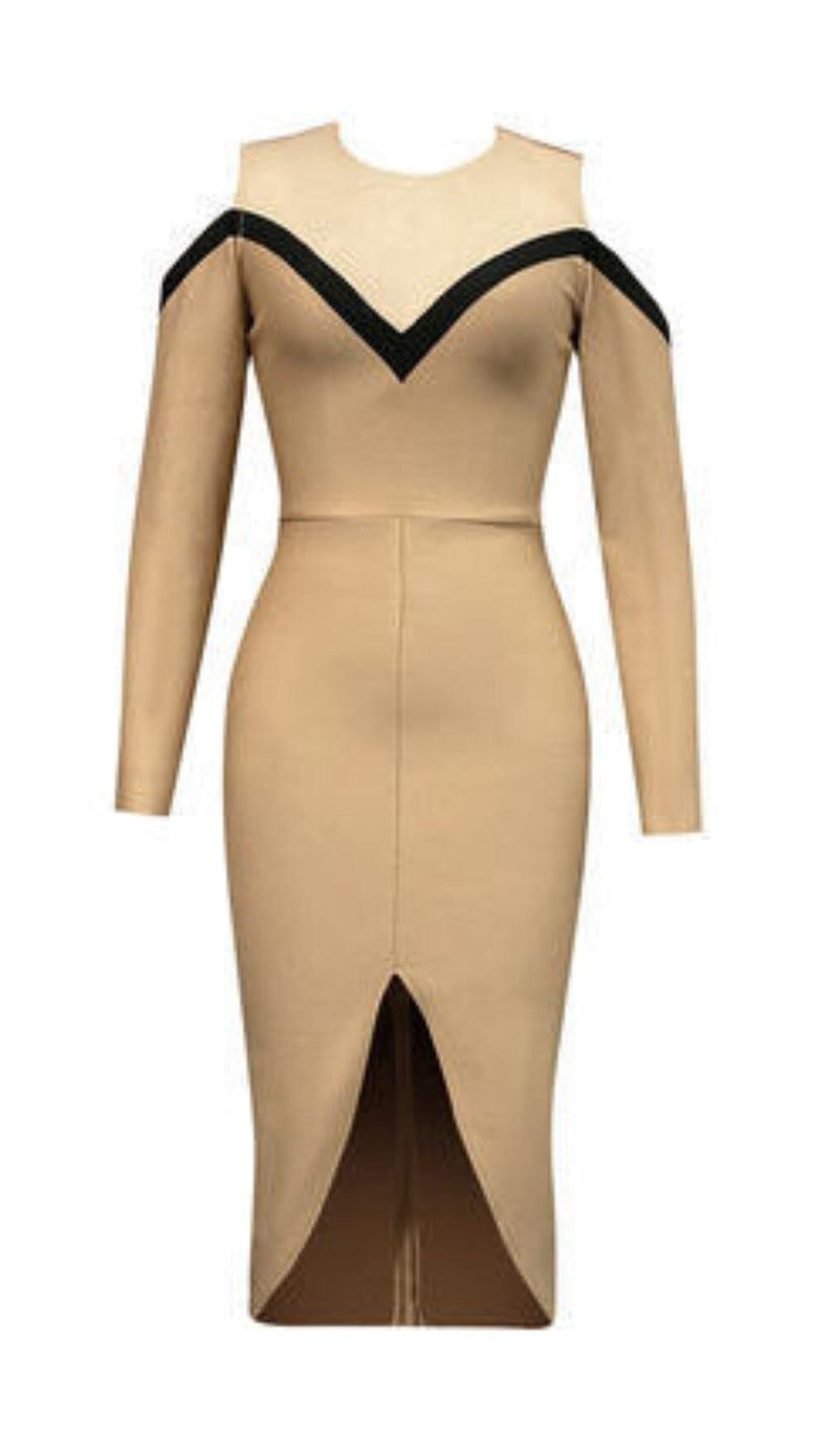 TULLE V-NECK SLIT DRESS IN CAMEL