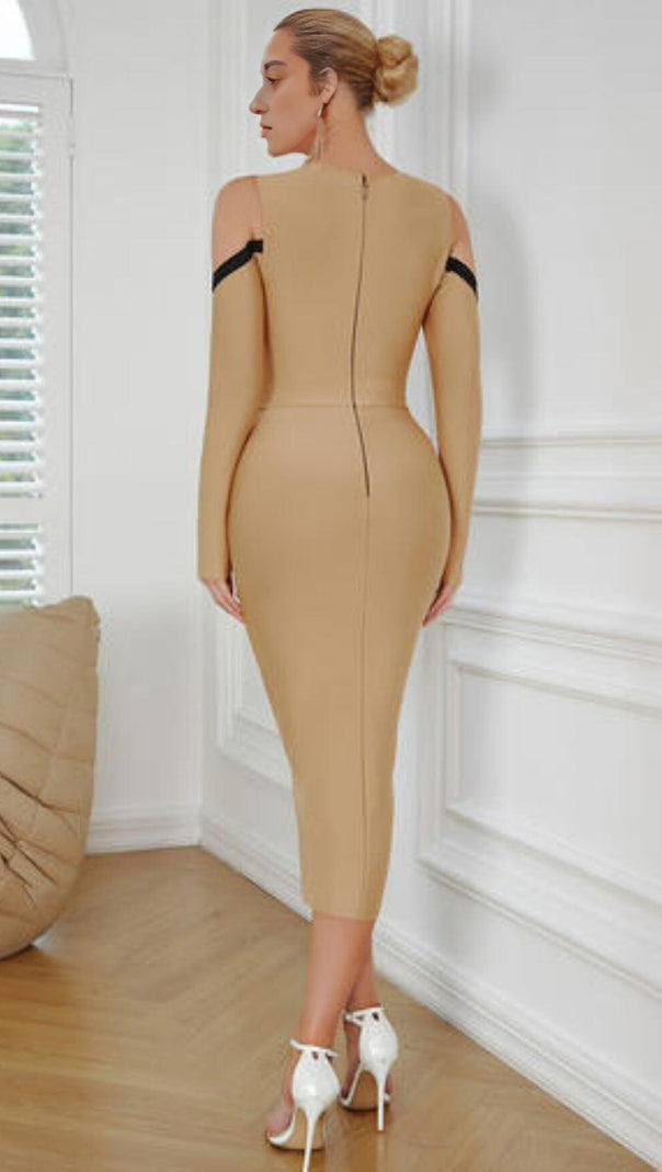 AIIZIE TULLE V-NECK SLIT DRESS IN CAMEL - product image