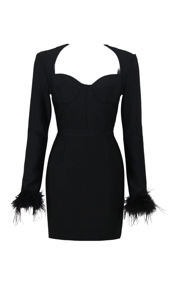 AIIZIE STRETCH LONG SLEEVES FEATHER MINI DRESS IN BLACK - product image