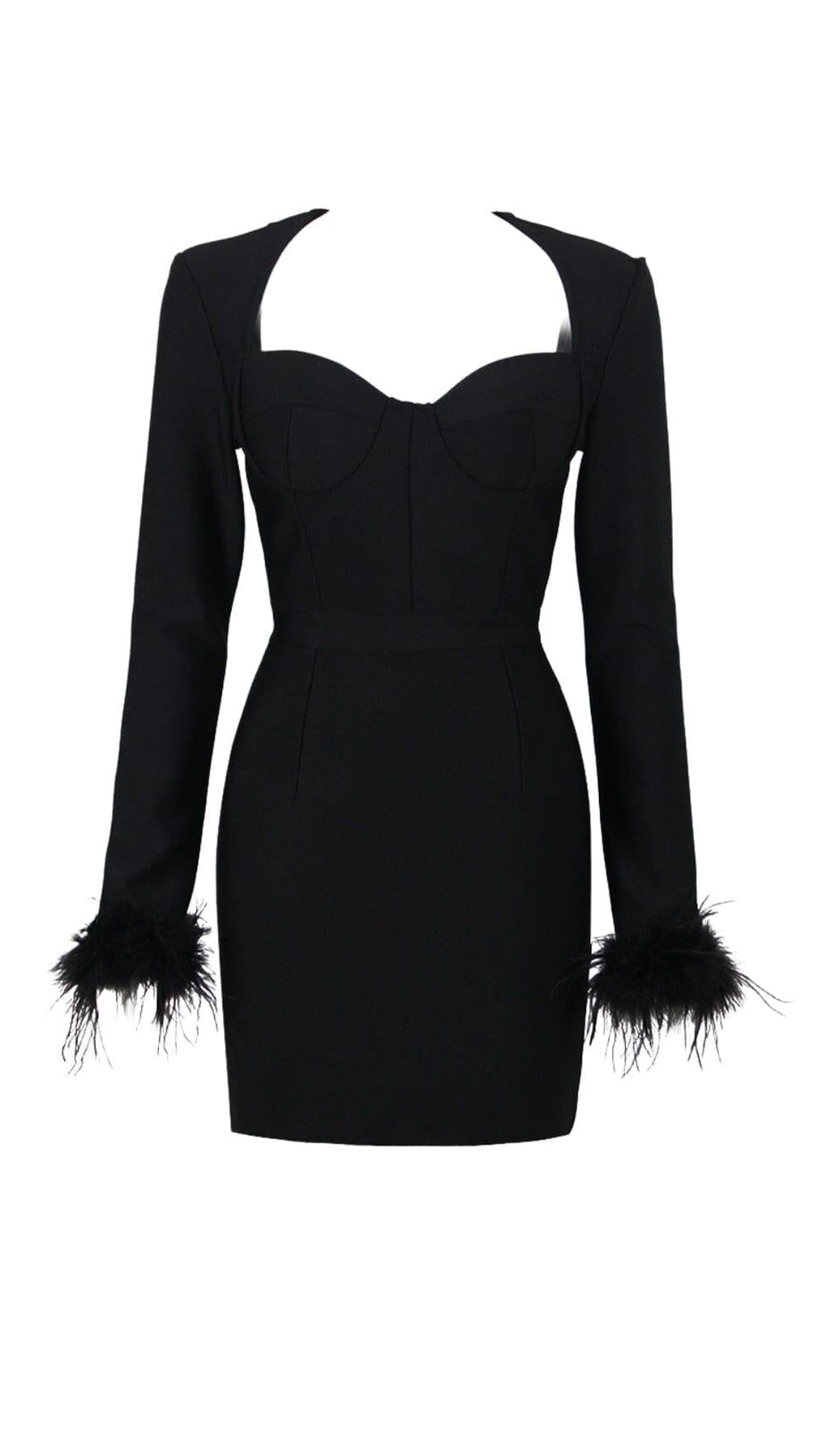 STRETCH LONG SLEEVES FEATHER MINI DRESS IN BLACK