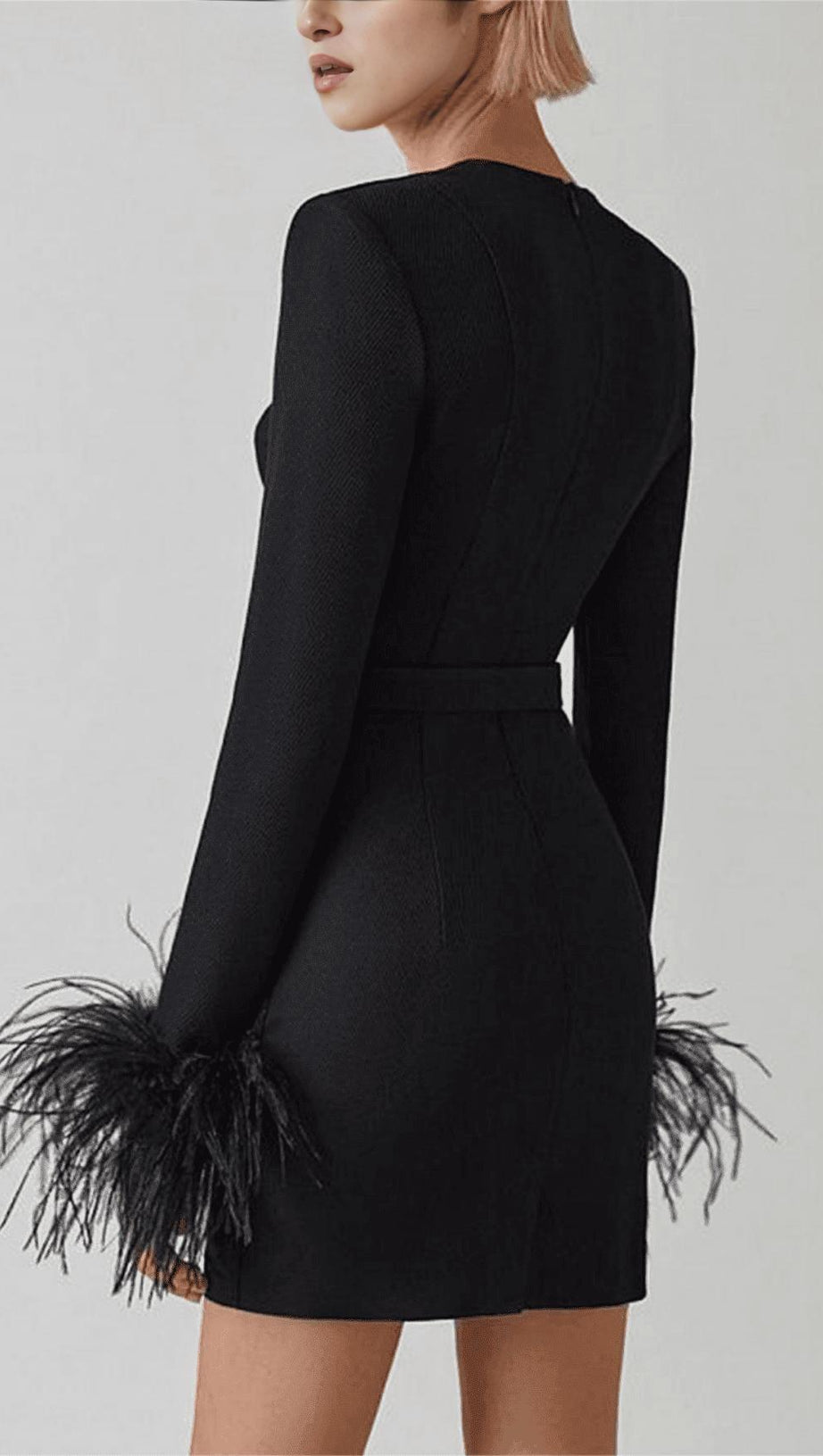 STRETCH LONG SLEEVES FEATHER MINI DRESS IN BLACK