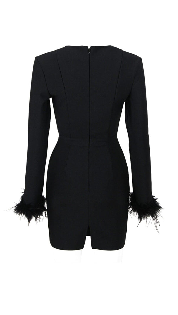 AIIZIE STRETCH LONG SLEEVES FEATHER MINI DRESS IN BLACK - product image