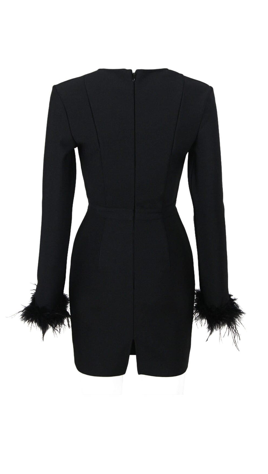 STRETCH LONG SLEEVES FEATHER MINI DRESS IN BLACK