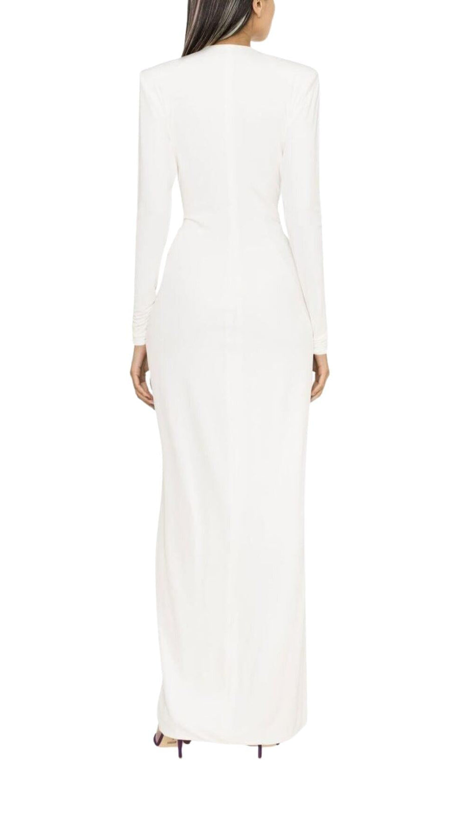 WHITE PLUNGE-NECK DRAPED GOWN