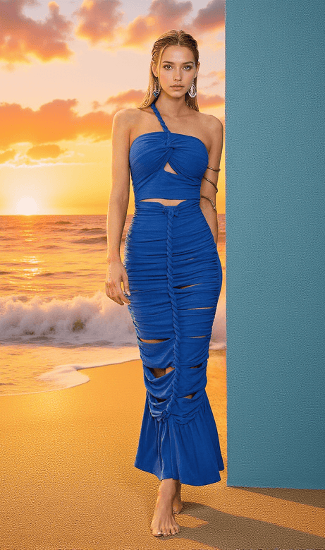 Rupert One Shoulder Hollow Midi Dress In Blue