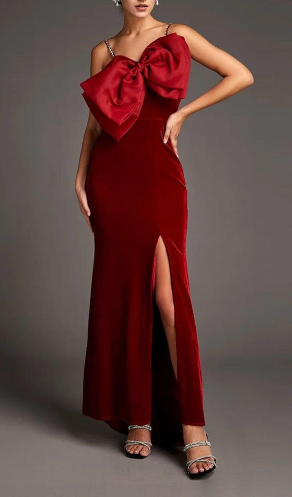 DARK RED FRONT BOW SIDE SLIT MERMAID MAXI DRESS