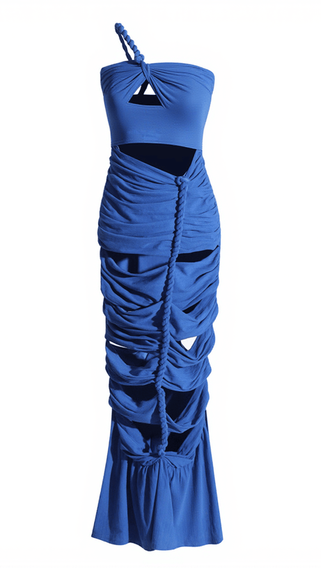 RUPERT ONE SHOULDER HOLLOW MIDI DRESS IN BLUE