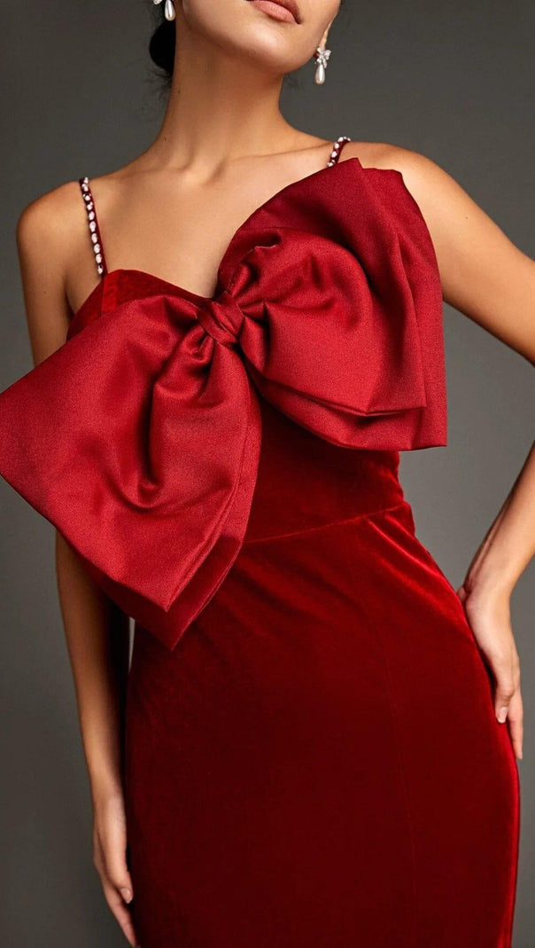 AIIZIE DARK RED FRONT BOW SIDE SLIT MERMAID MAXI DRESS - product image