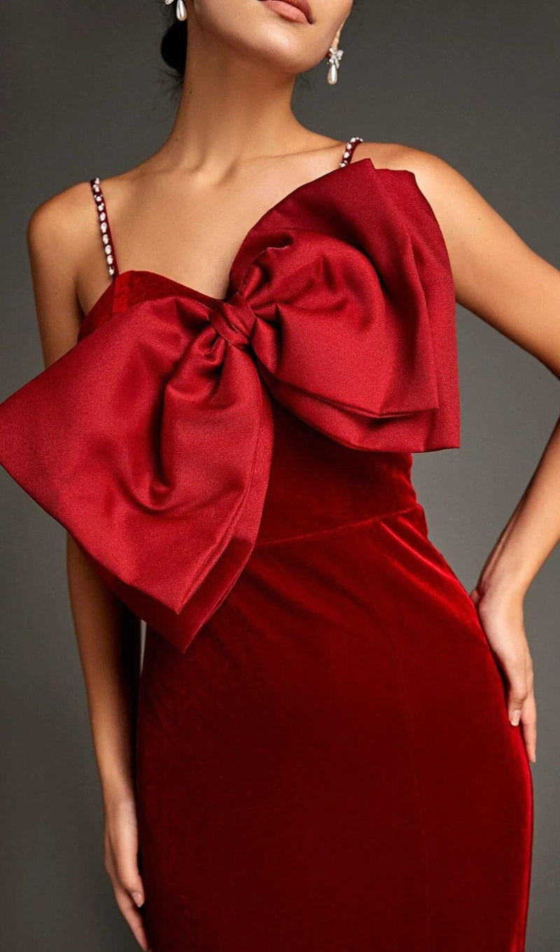 DARK RED FRONT BOW SIDE SLIT MERMAID MAXI DRESS