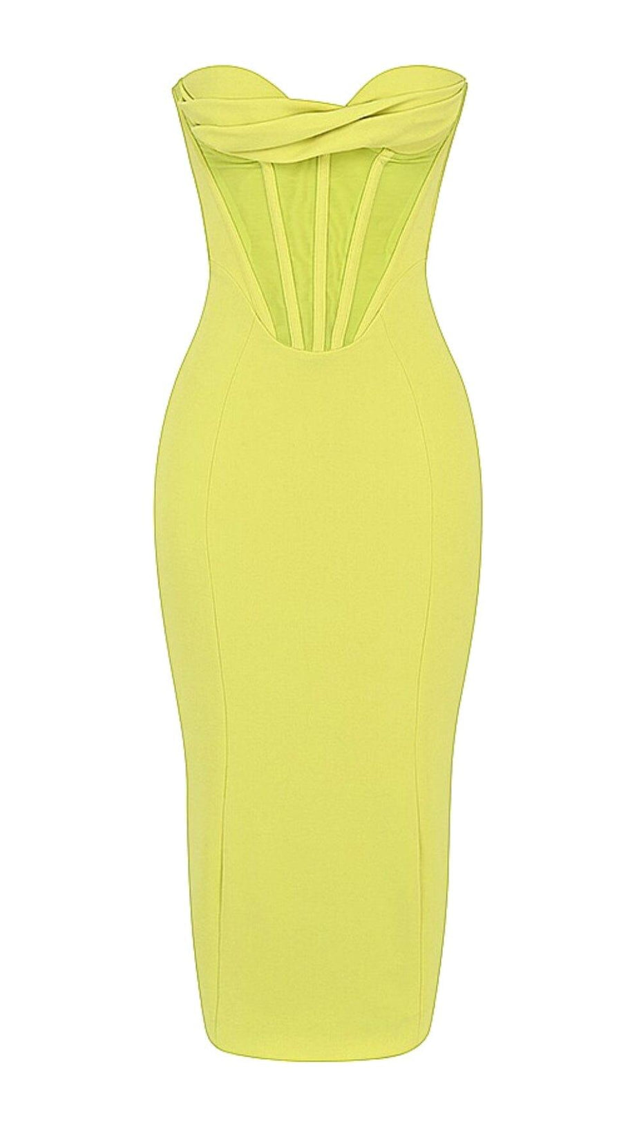 YELLOW STRAPLESS BANDAGE MIDI DRESS