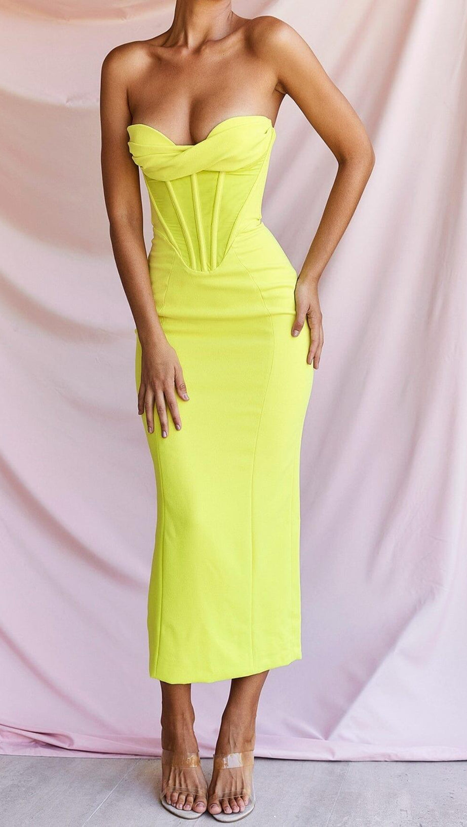 YELLOW STRAPLESS BANDAGE MIDI DRESS