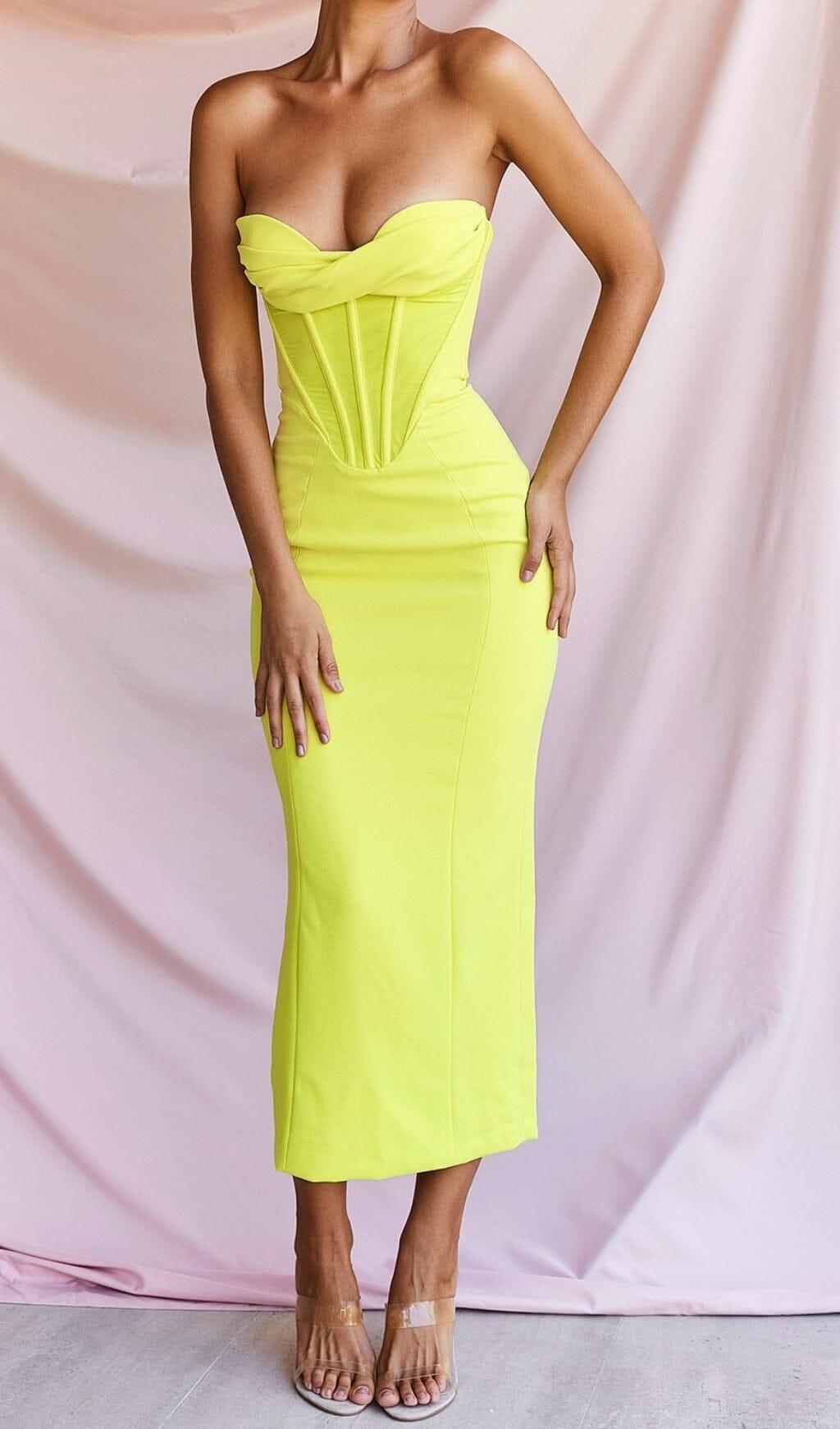 YELLOW STRAPLESS BANDAGE MIDI DRESS