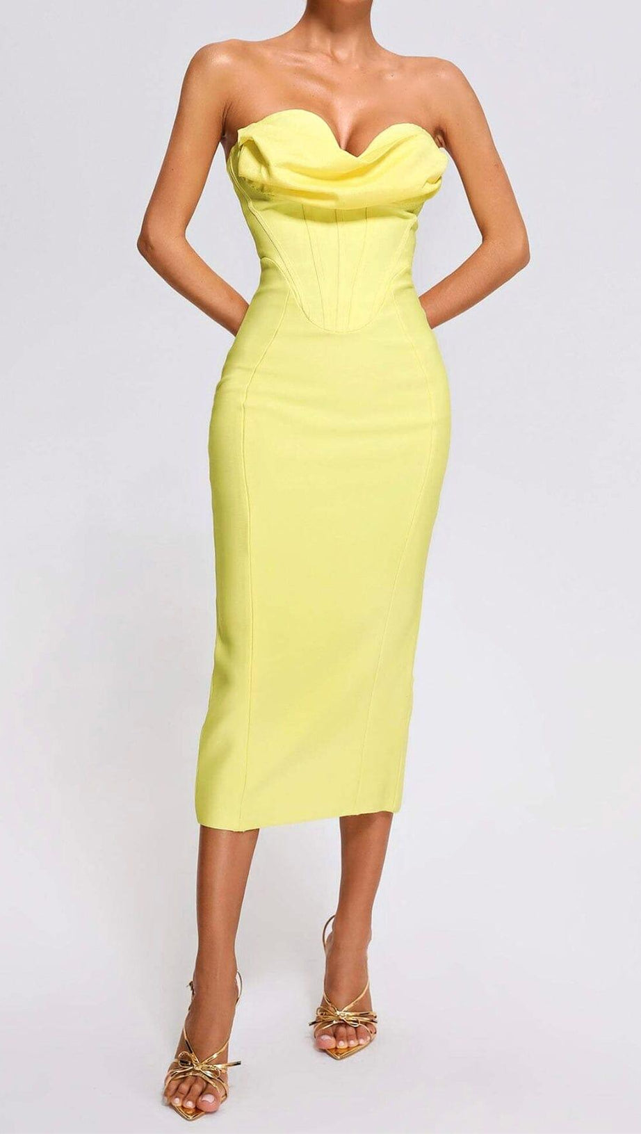 YELLOW STRAPLESS BANDAGE MIDI DRESS