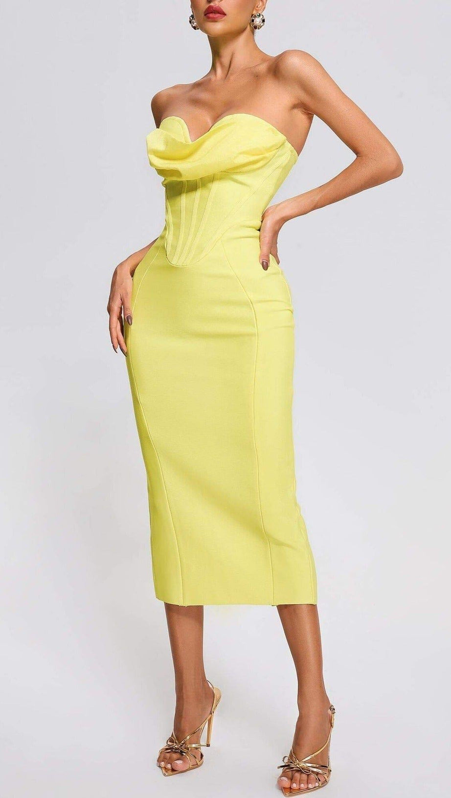 YELLOW STRAPLESS BANDAGE MIDI DRESS