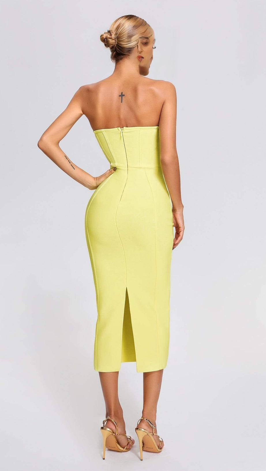 YELLOW STRAPLESS BANDAGE MIDI DRESS