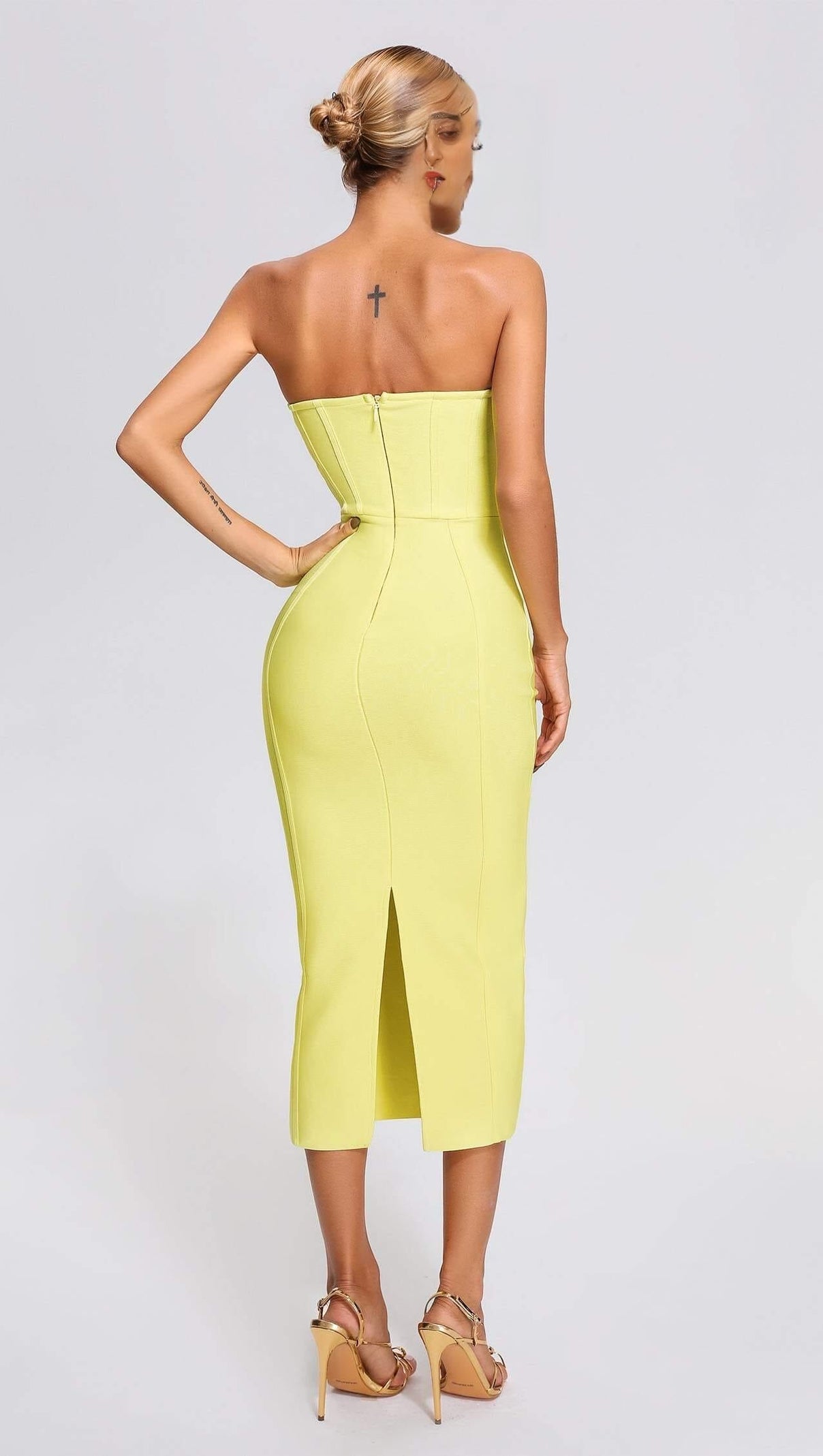 AIIZIE YELLOW STRAPLESS BANDAGE MIDI DRESS - product image