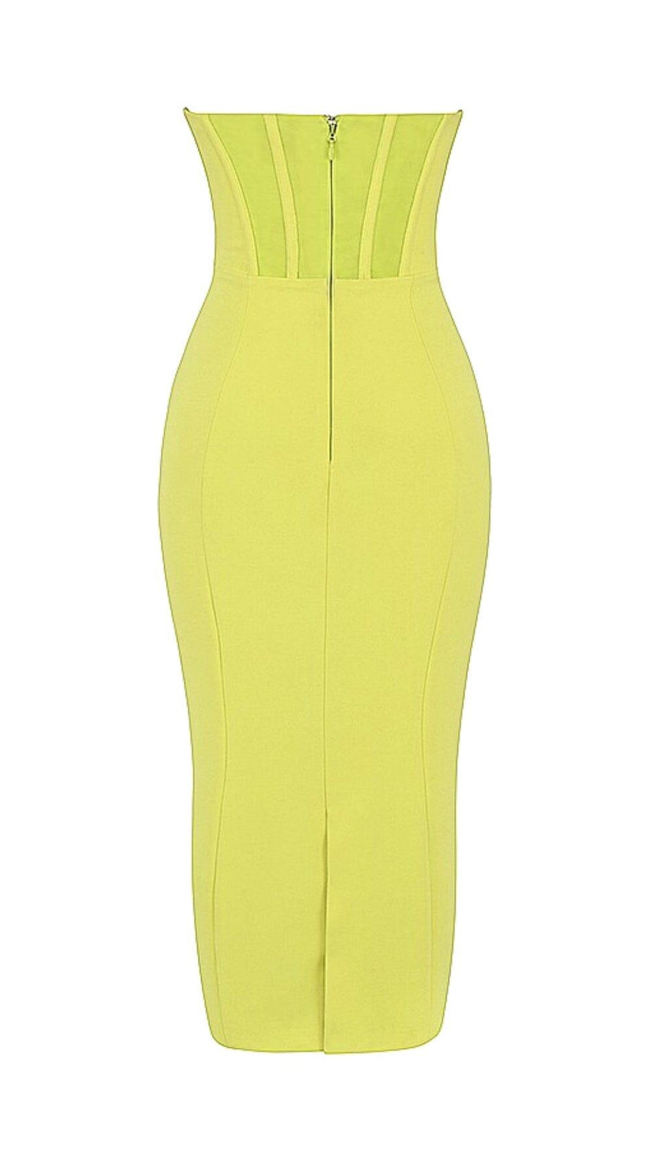 YELLOW STRAPLESS BANDAGE MIDI DRESS