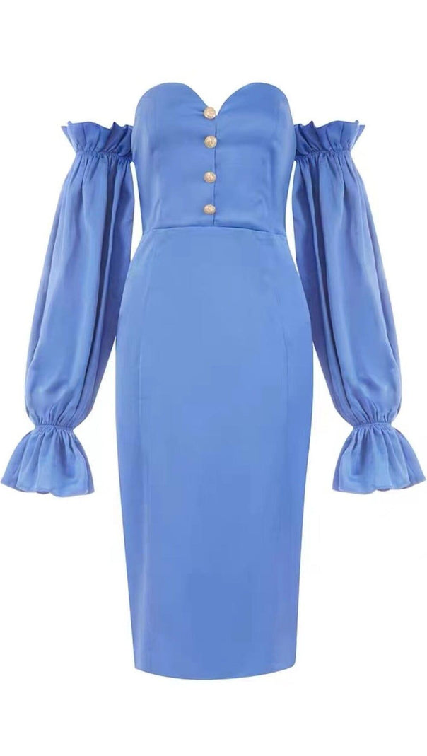 AIIZIE BLUE OFF SHOULDER SATIN MIDI DRESS - product image