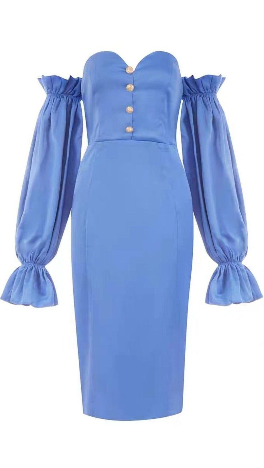 Blaues schulterfreies Midikleid aus Satin