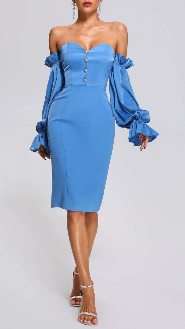 AIIZIE BLUE OFF SHOULDER SATIN MIDI DRESS - product image
