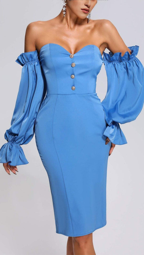 AIIZIE BLUE OFF SHOULDER SATIN MIDI DRESS - product image