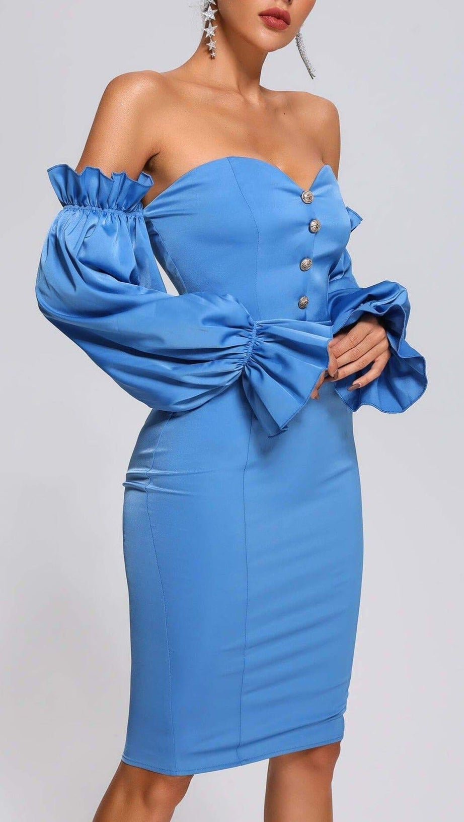 ABITO MIDI IN RASO BLU CON SPALLE SCOPERTE