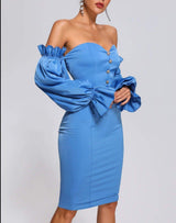 Blue Off Shoulder Satin Midi Dress