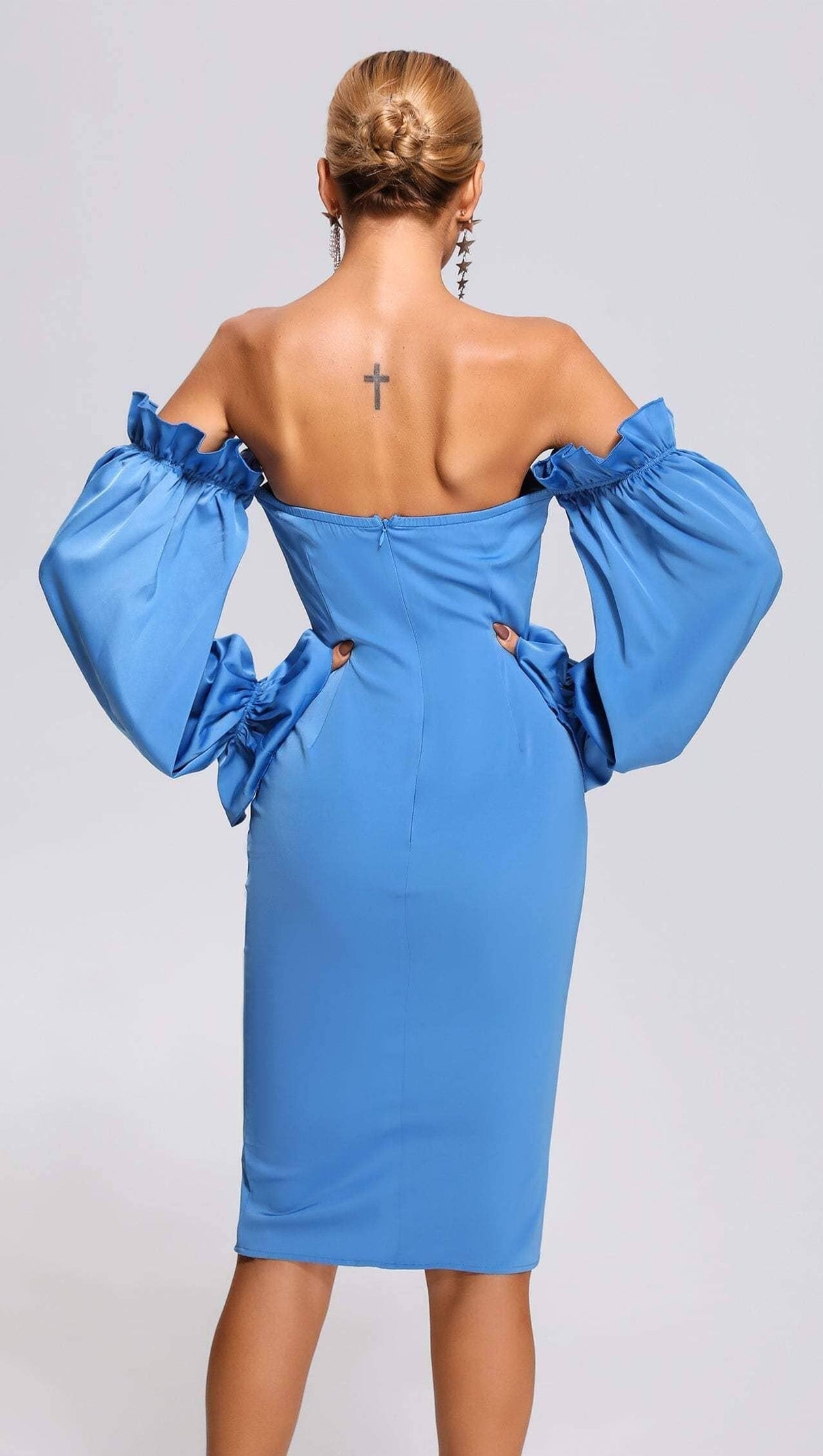 AIIZIE BLUE OFF SHOULDER SATIN MIDI DRESS - product image