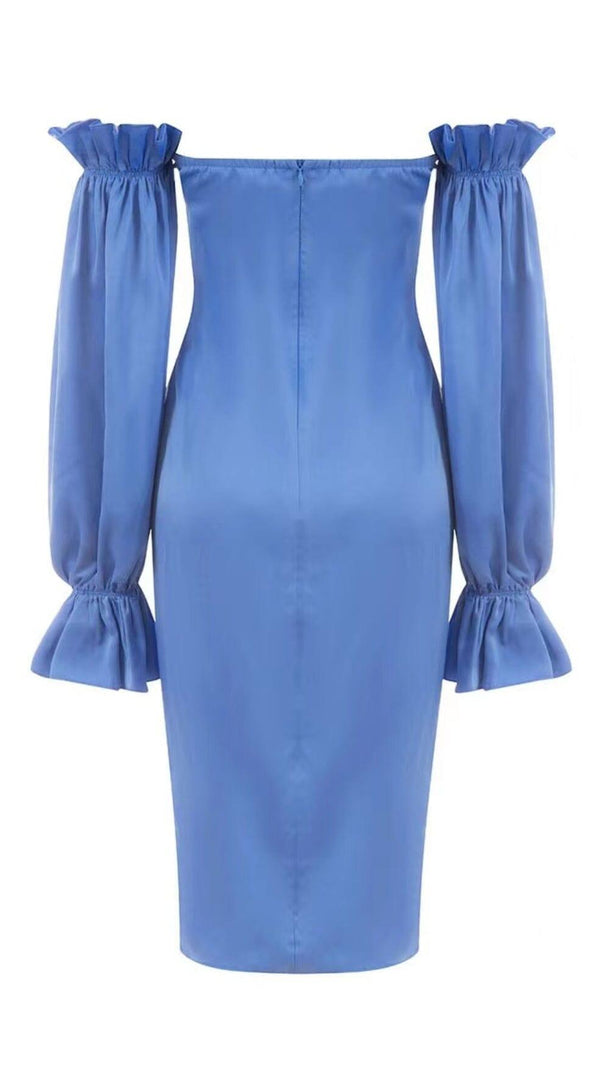 AIIZIE BLUE OFF SHOULDER SATIN MIDI DRESS - product image