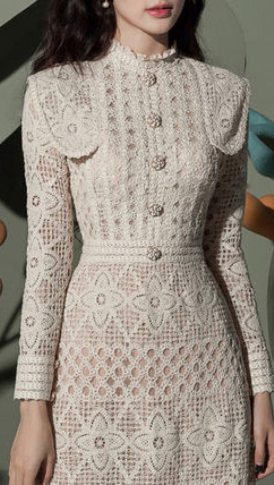 O-NECK EMBROIDERY HOLLOW OUT SINGLE BREASTED  MIDI DRESS