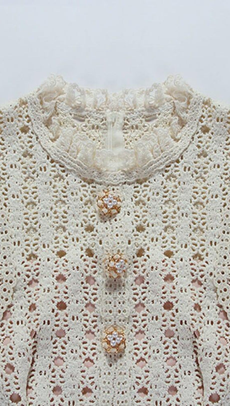 O-NECK EMBROIDERY HOLLOW OUT SINGLE BREASTED  MIDI DRESS