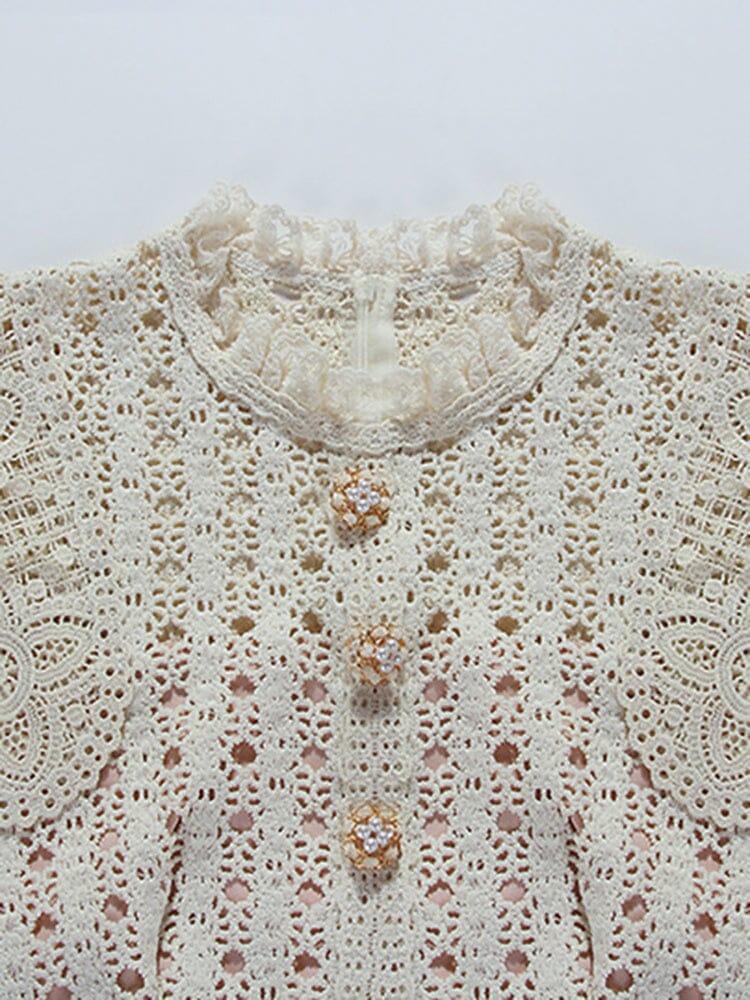 AIIZIE O-NECK EMBROIDERY HOLLOW OUT SINGLE BREASTED MIDI DRESS - product image