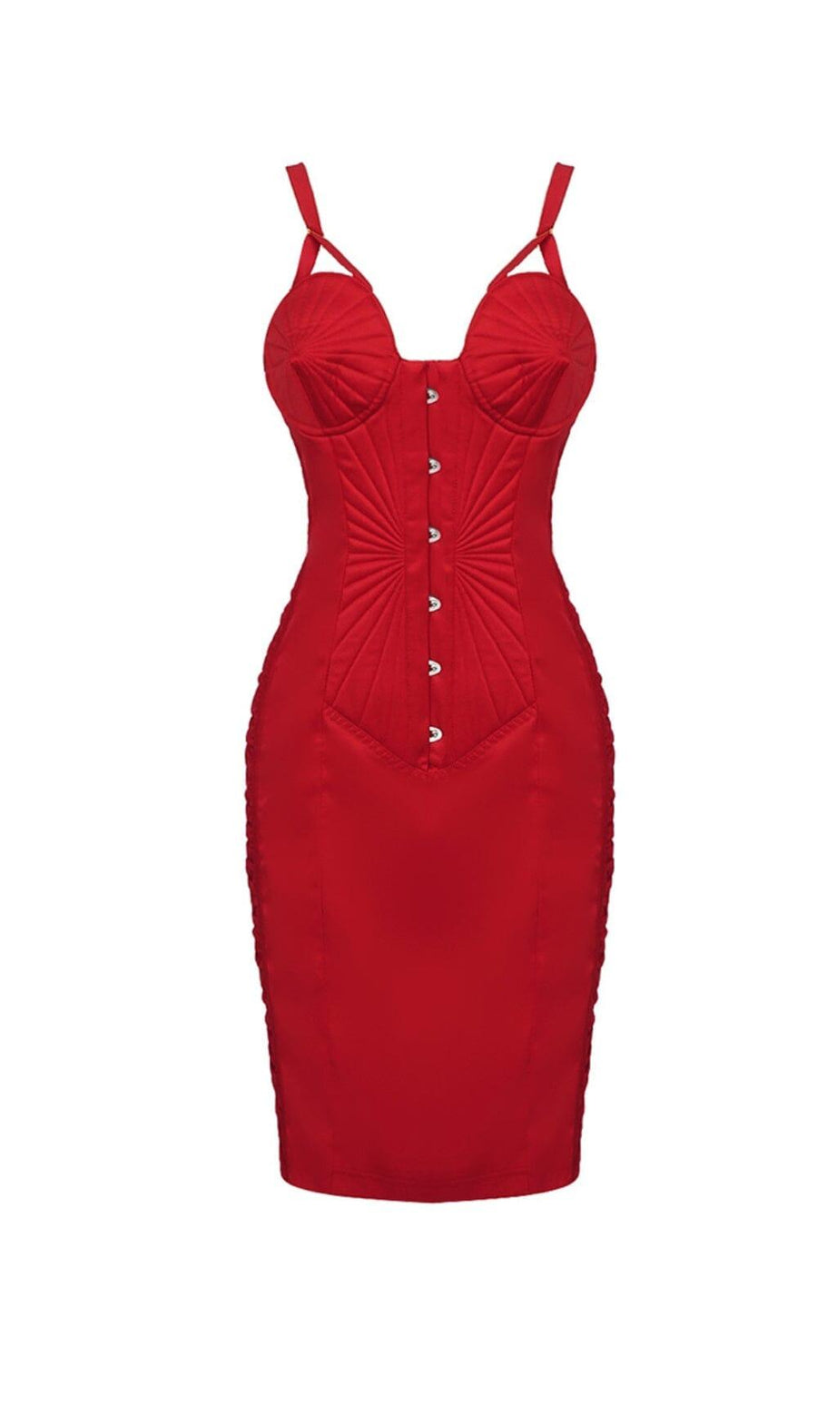 MINIKLEID MIT KONISCHEM Mieder UND TRÄGERN IN ROT