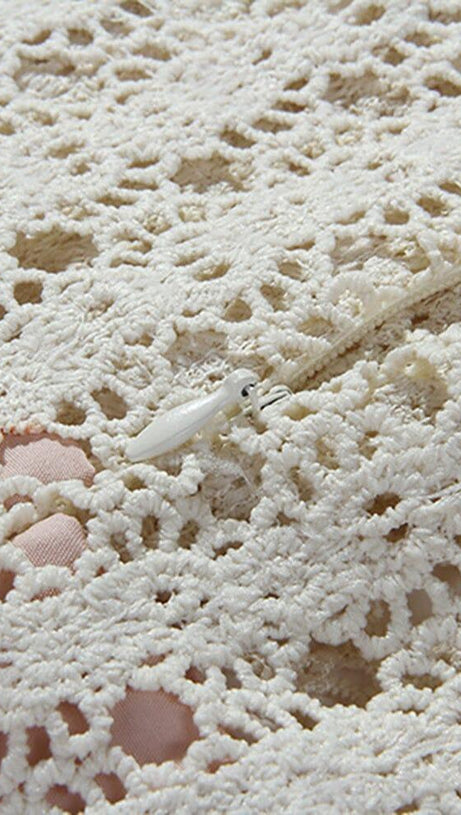 O-NECK EMBROIDERY HOLLOW OUT SINGLE BREASTED  MIDI DRESS